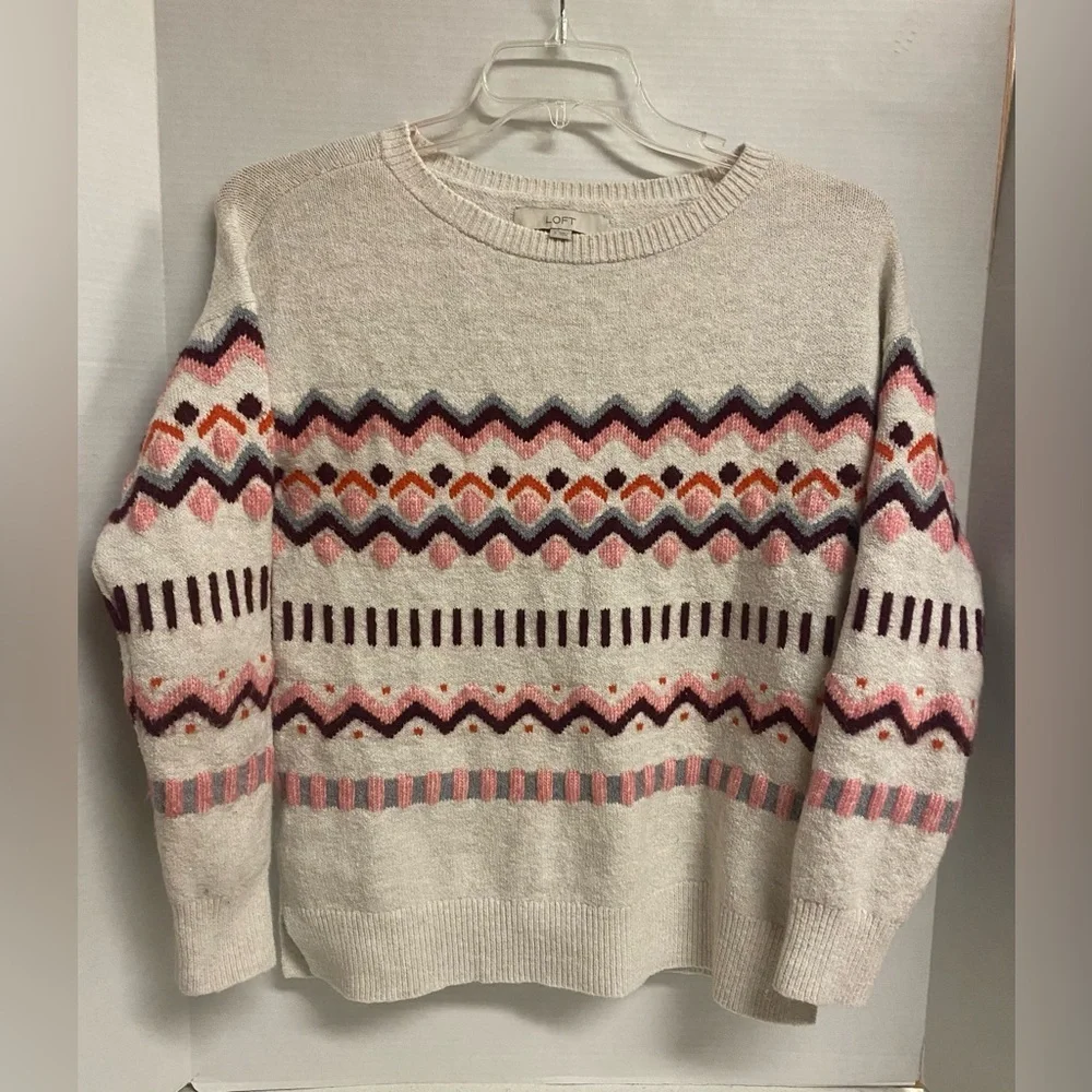 LOFT Wool Blend Fair Isle Cream Sweater with Pink and Brown Patterns Size S